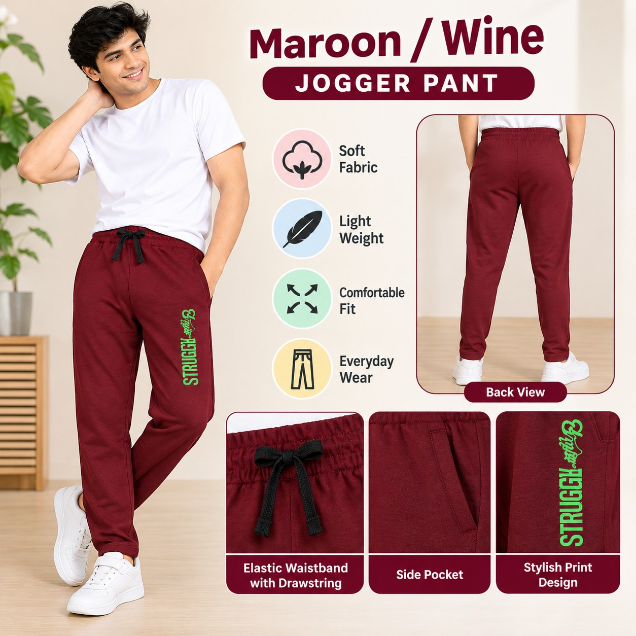 Men's Maroon / Wine Jogger Pants with Green Print – Comfortable Casual Track Pants