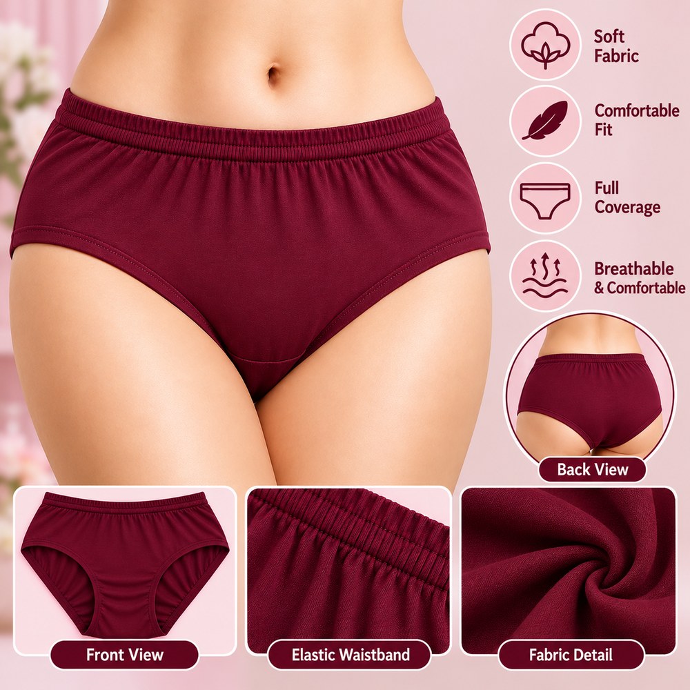Women’s Burgundy Wine Color Cotton Brief Panty – Soft & Comfortable Full Coverage