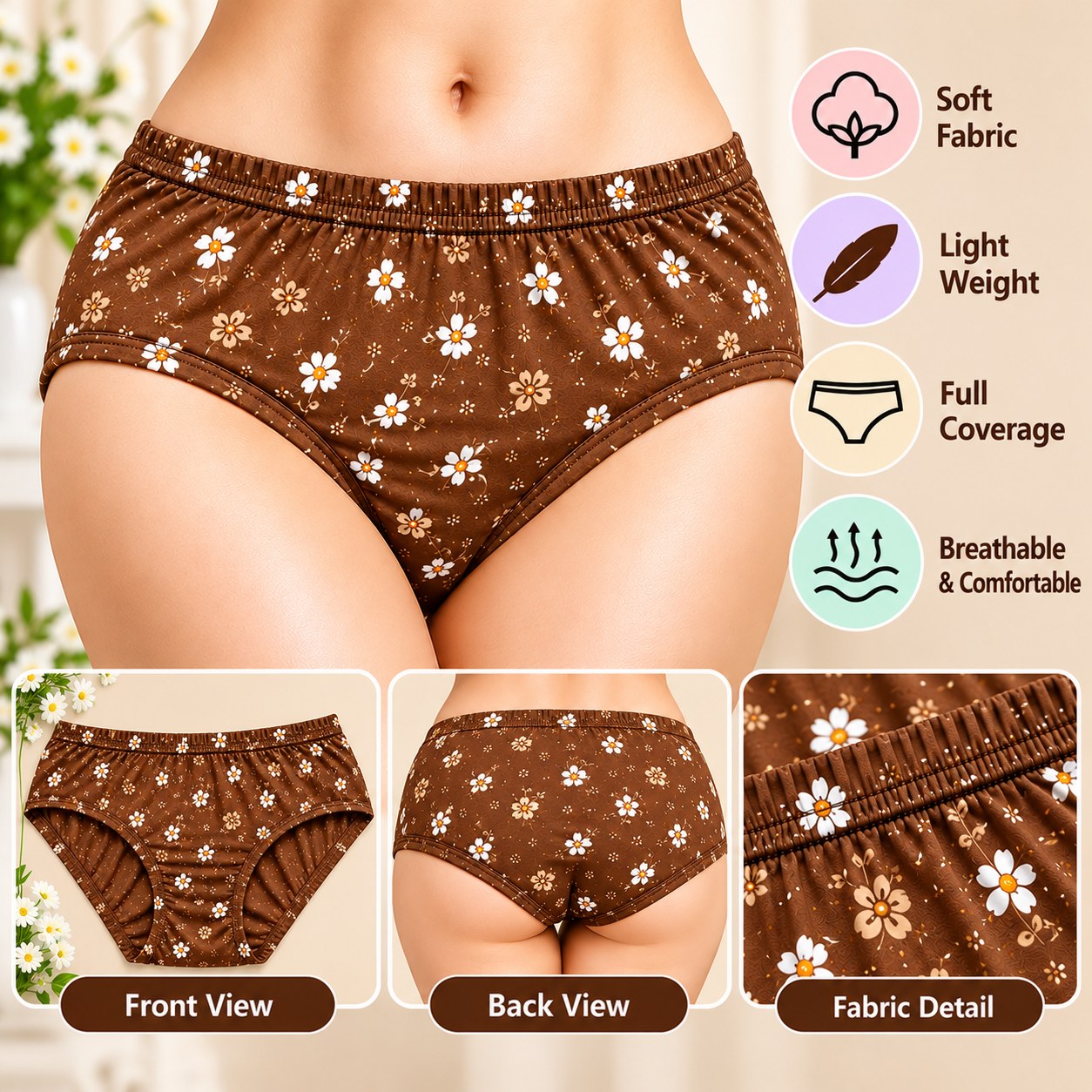 Women’s Caramel Brown Floral Print Brief Panty – Soft & Comfortable Innerwear