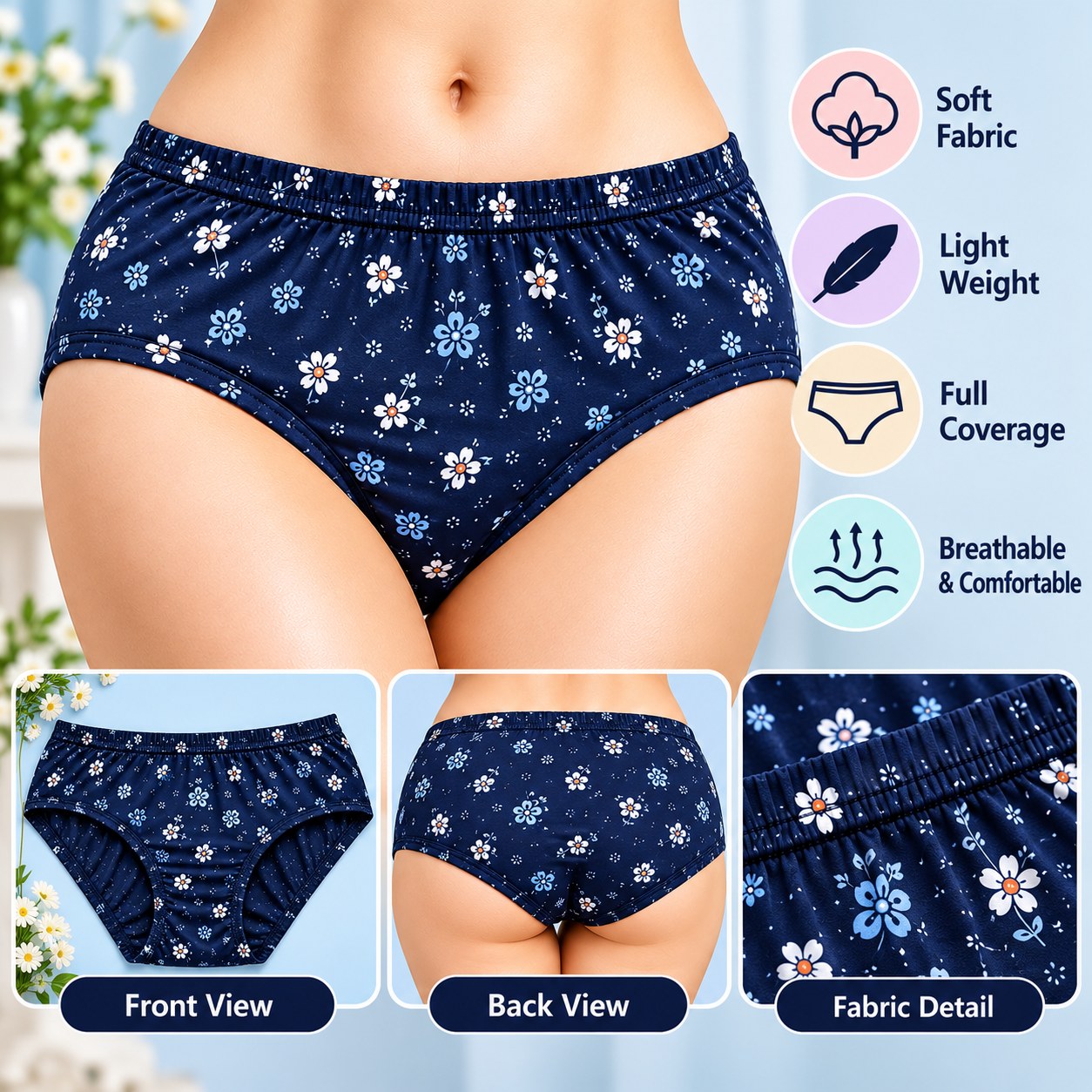 Women’s Navy Blue Floral Print Brief Panty – Soft & Comfortable Innerwear