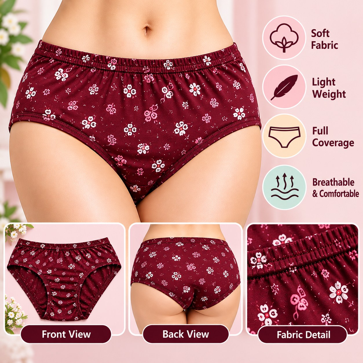 Women’s Maroon Wine Floral Print Brief Panty – Soft & Comfortable Innerwear