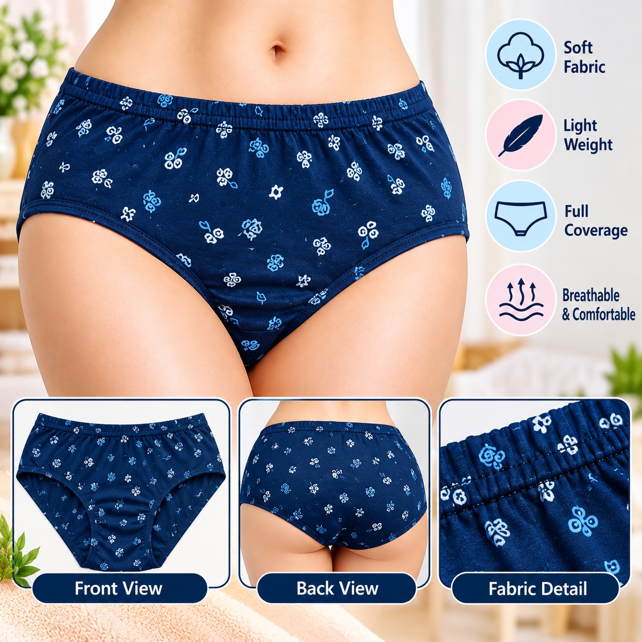 Women’s Dark Blue Floral Print Brief Panty – Soft & Comfortable Innerwear