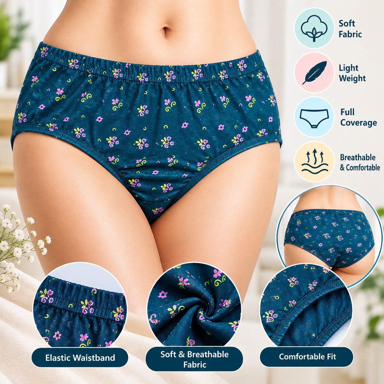 Women’s Teal Blue Floral Print Brief Panty – Soft & Comfortable Innerwear