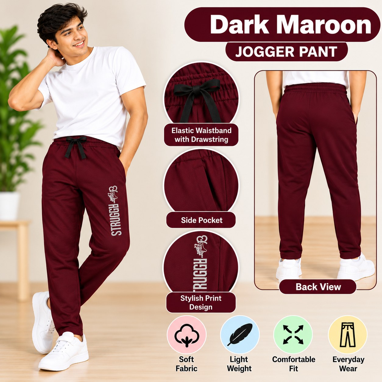 Men's Dark Maroon Jogger Pants with Drawstring Waist, Side Pockets & Stylish Print