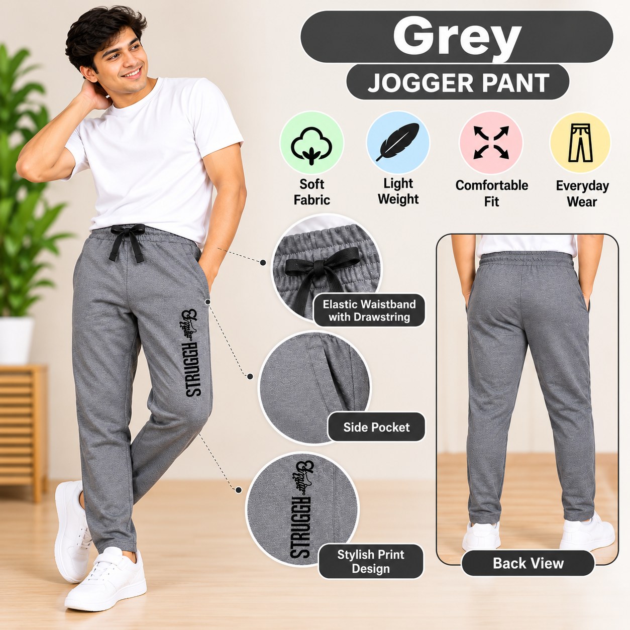 Men's Grey Jogger Pants with Drawstring Waist, Side Pockets & Stylish Print