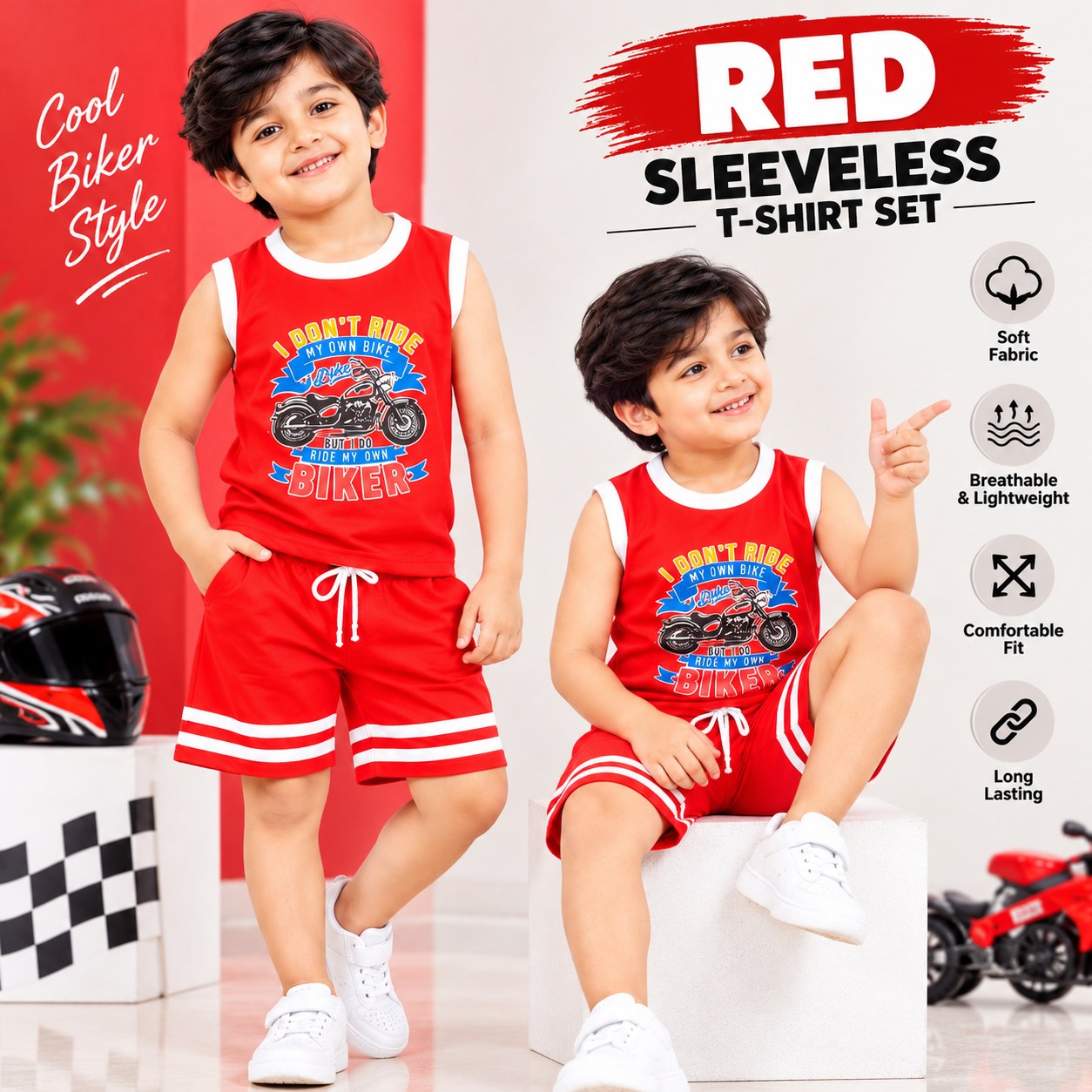 Boys Red Sleeveless Biker T-Shirt & Shorts Set – Stylish Kids' Summer Wear