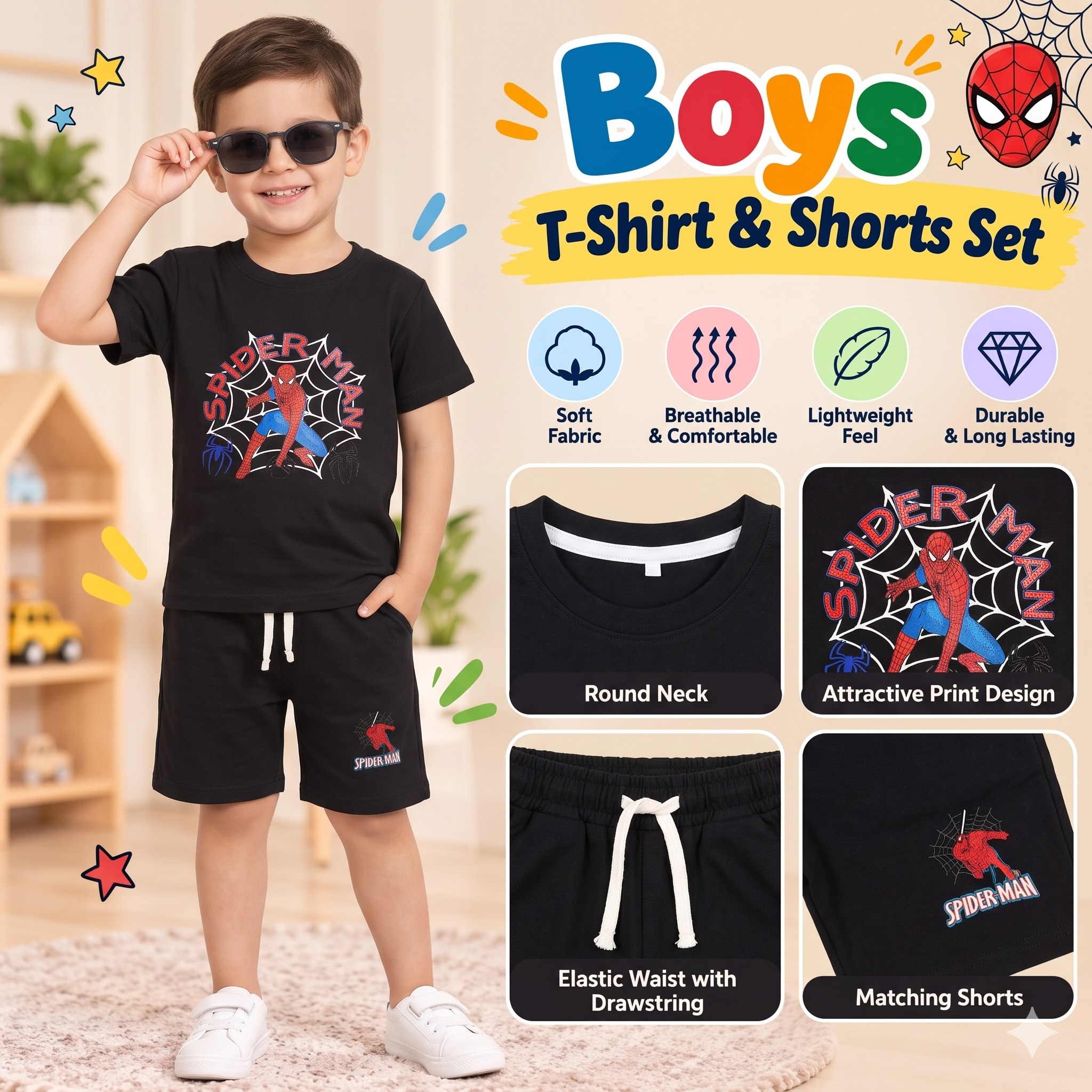 Boys Black Spider-Man T-Shirt & Shorts Set – Stylish Kids' Wear