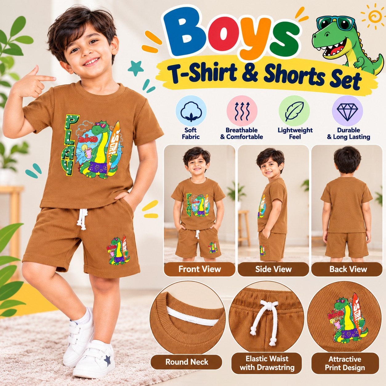 Boys Brown Dinosaur Print T-Shirt & Shorts Set – Stylish Kids' Casual Wear