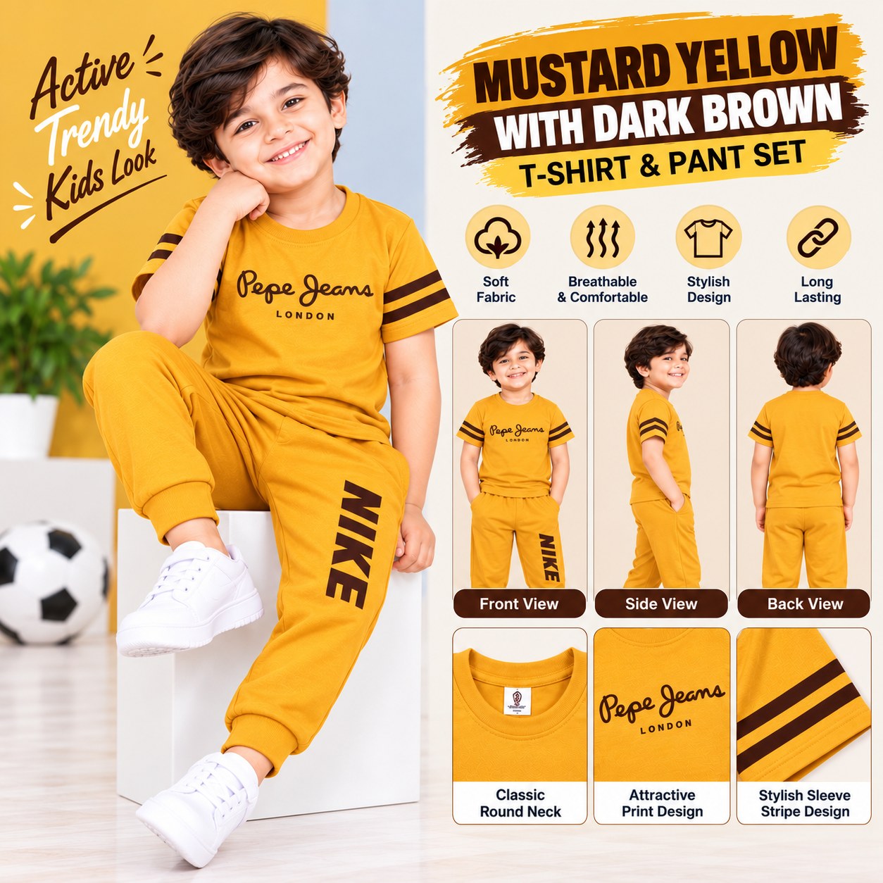 Boys Mustard Yellow T-Shirt & Pant Set with Dark Brown Stripes – Kids Casual Wear