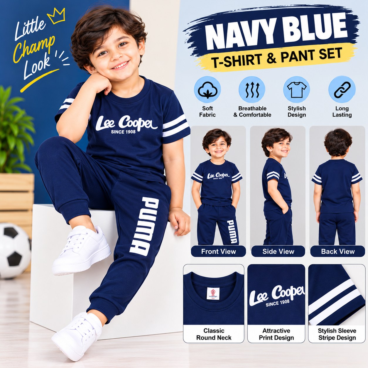 Boys Navy Blue T-Shirt & Pant Set with White Stripes – Stylish Kids Casual Wear