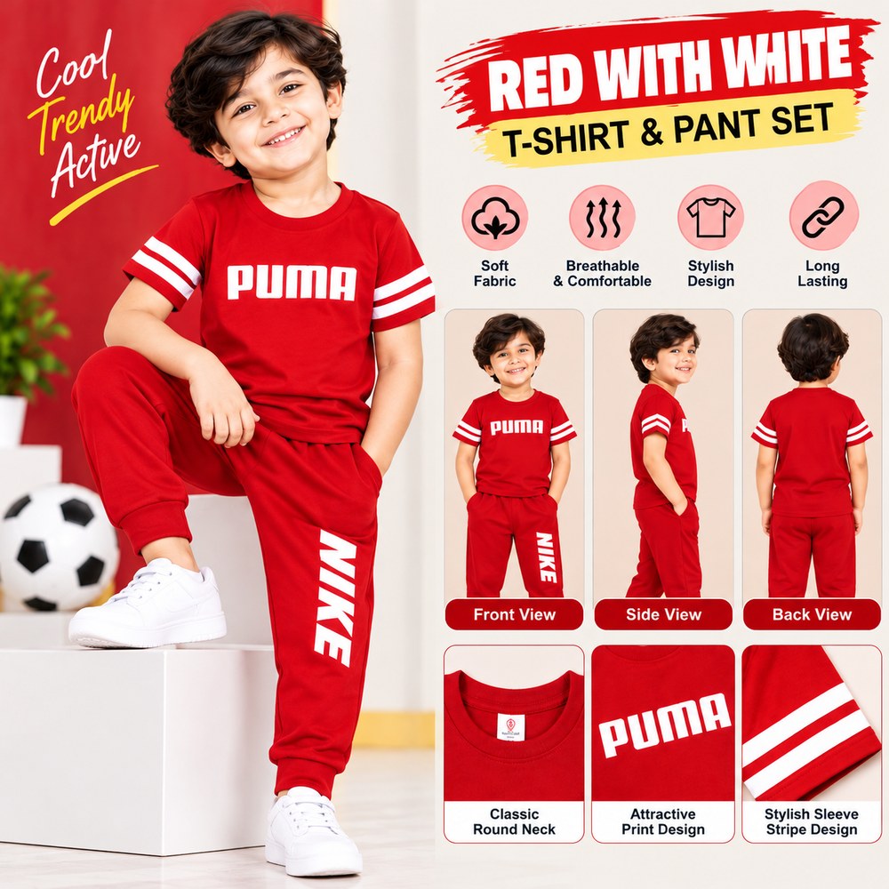 Boys Red T-Shirt & Pant Set with White Stripes – Stylish Kids Sportswear