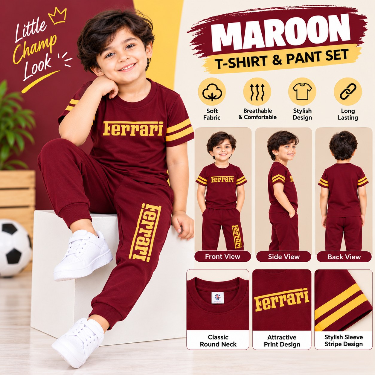 Boys Maroon and Mustard Yellow T-Shirt & Pant Set – Stylish Kids Wear
