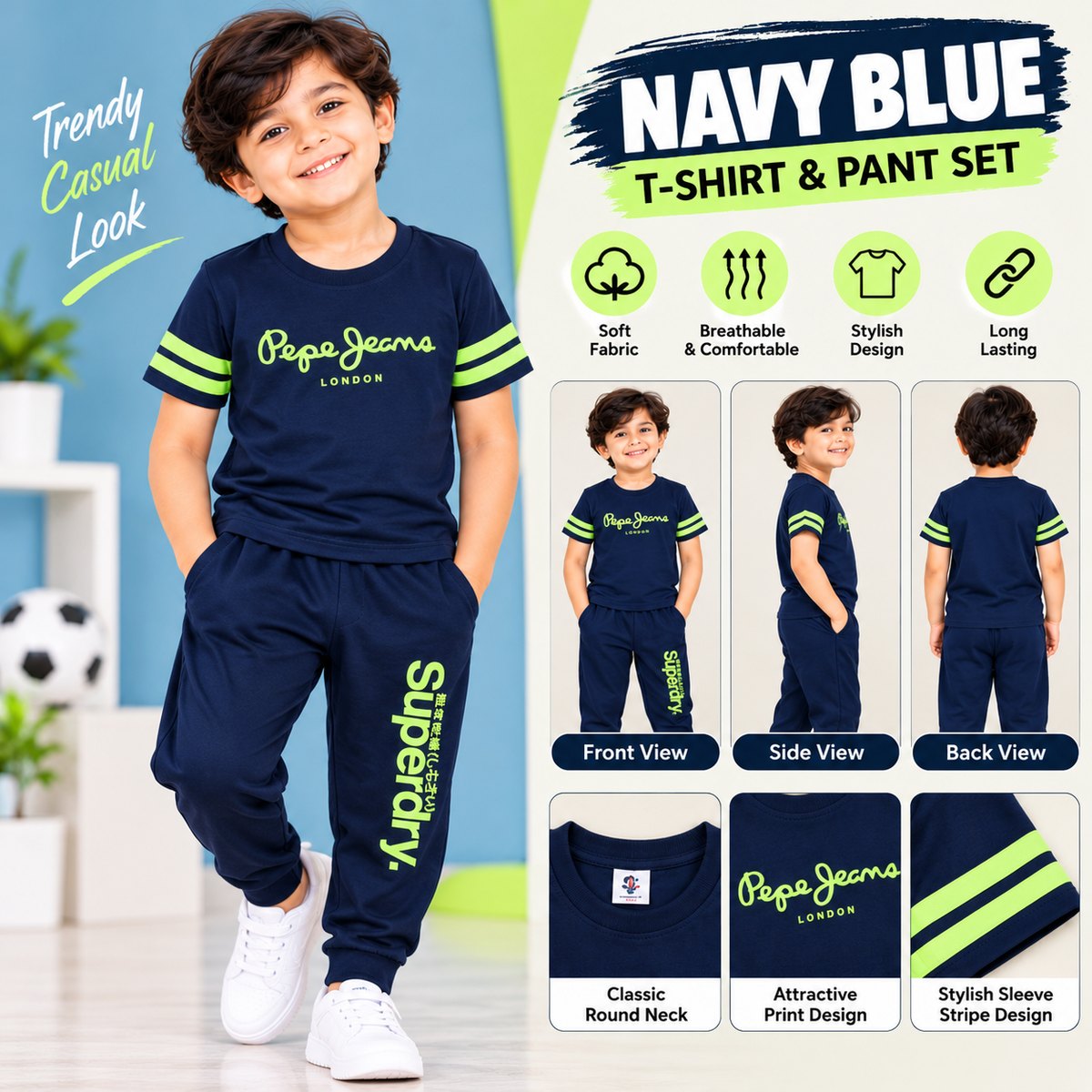 Boys Navy Blue and Neon Green T-Shirt & Pant Set – Trendy Kids Wear