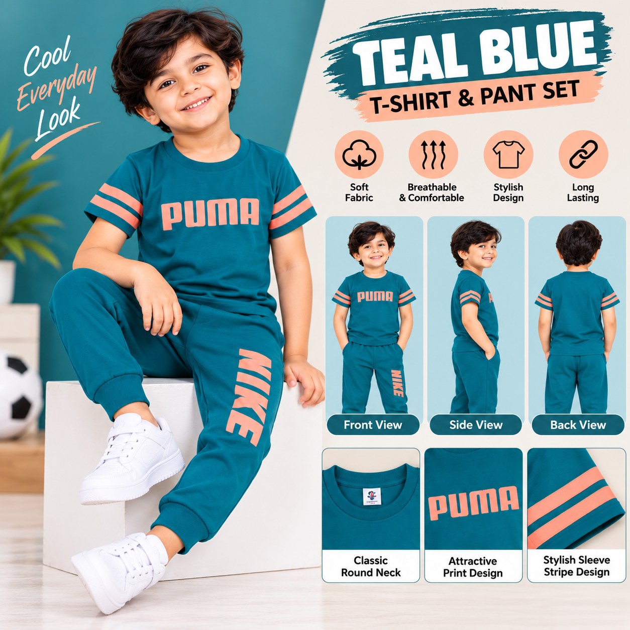 Boys Teal Blue and Peach T-Shirt & Pant Set – Stylish Kids Wear