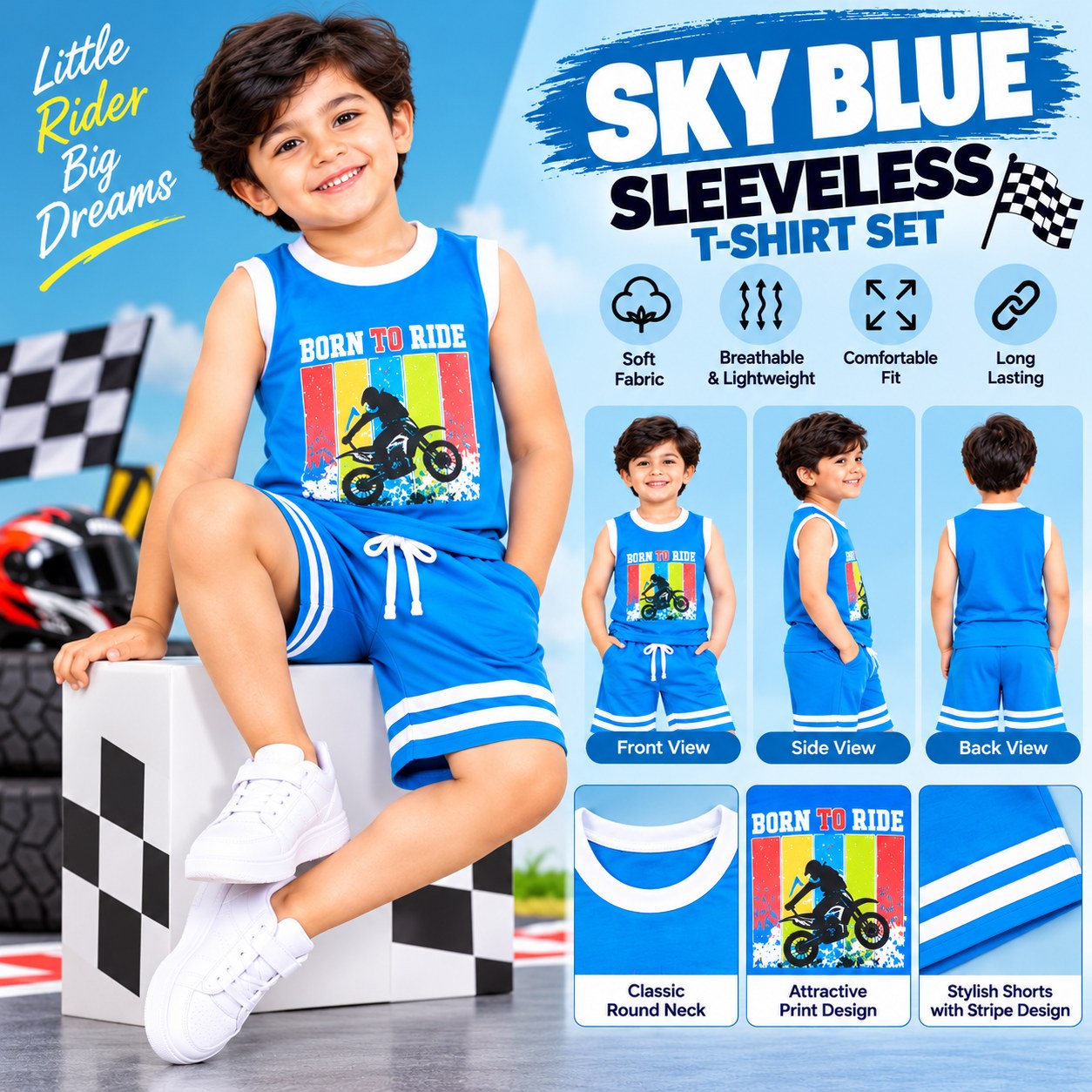 Boys Sky Blue Sleeveless T-Shirt and Shorts Set – Motorbike Print Kids Summer Wear