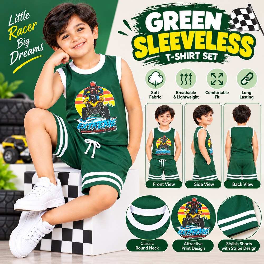 Boys Green Sleeveless T-Shirt and Shorts Set – Extreme Racing Motorbike Print Kids Wear