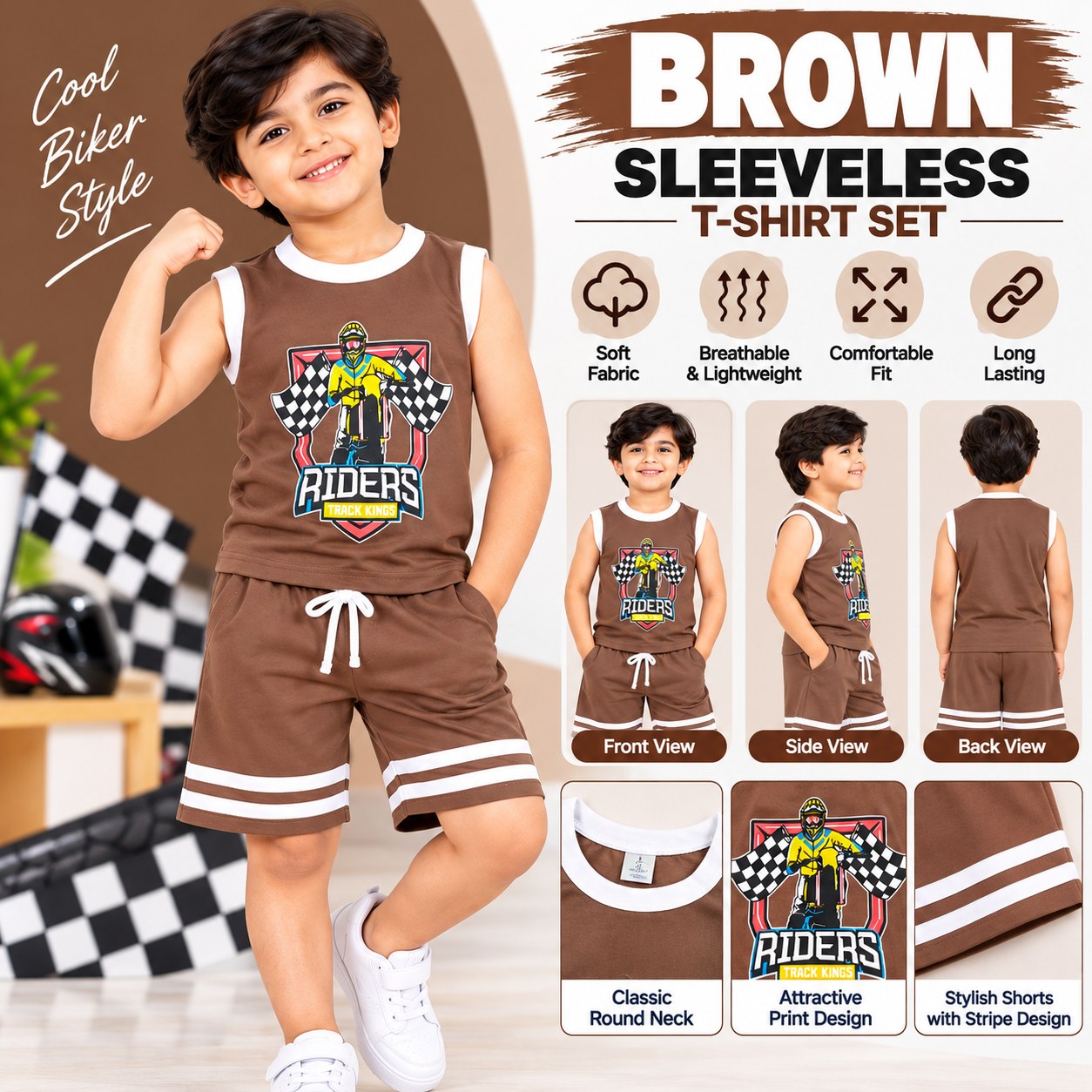 Boys Brown Sleeveless T-Shirt and Shorts Set – Rider Print Kids Summer Wear